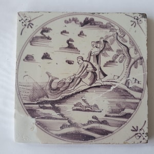 This antique Delft tile depicts the Biblical scene , antique dutch delft mangane tile bible  around 1780
