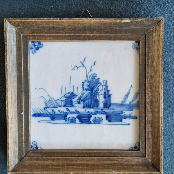 18th century Antique Dutch Tile - representation of a landscape, antique frame -  delft blue holland tile