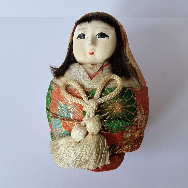 Japanese doll, given at marriages for prosperity, midcentury figure collector display collectable tradition culture bruiloft pop silk bamboo