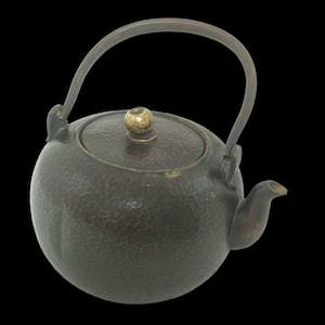 old bronze japanese tetsubin antique teapot with hammered decoration, marked - Bronze