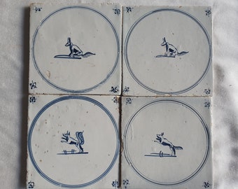 4 x Champ de carreaux hollandais antiques avec renard Carrelage circulaire antique bleu de Delft, 18e siècle, Carreaux ronds Springer 18e siècle