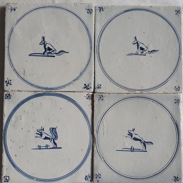 4 x Field of antique Dutch tiles with fox 18th antique dutch delft blue circle tile 18th century springer circle tiles