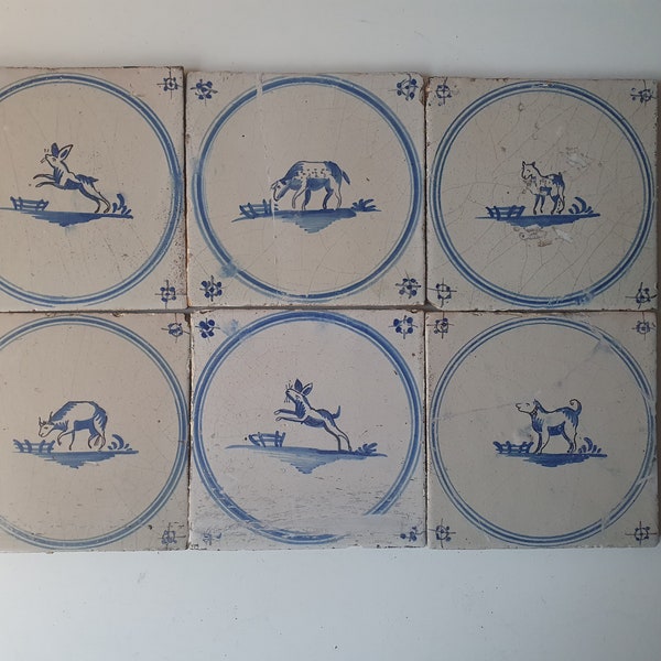 6 x Field of antique Dutch tiles dog horse hare 18th antique dutch delft blue circle tile 18th century springer circle tiles