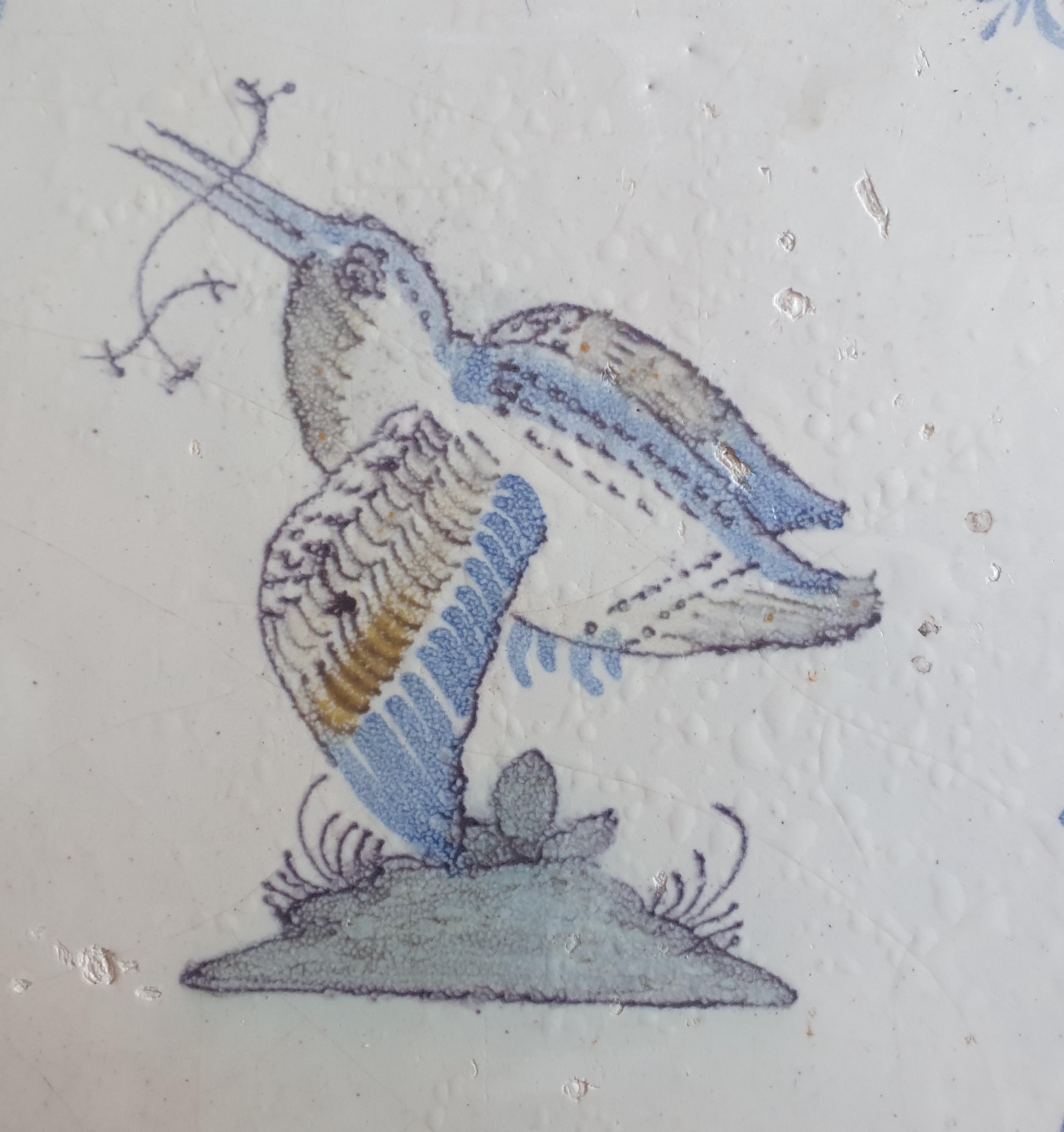 アンティークデルフトタイル、カワセミ、17世紀オランダマジョリカ