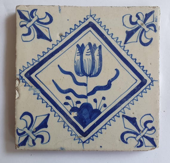 17世紀オランダのデルフトチューリップタイル、アンティークの花柄装飾