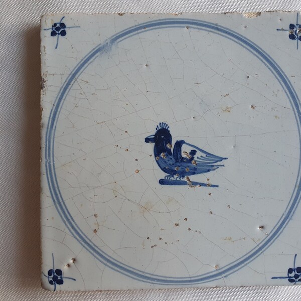 18th antique dodo?  dutch delft circle tile 18th century hare blue delft tile Dodo rare TEGEL cirkeltegel