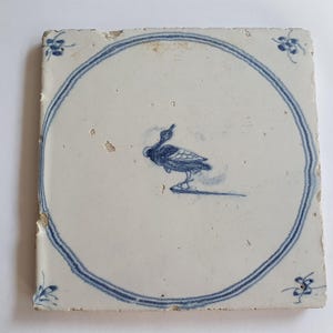 18th antique dutch delft circle tile 18th century  blue delft tile with a goose TEGEL cirkeltegel