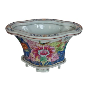 chinese jardiniere xl Chinese Famille Rose Porcelain Cachepot w Peacock and Lotus, Hand-Painted Vintage Planter on Stand Oriental polychrome