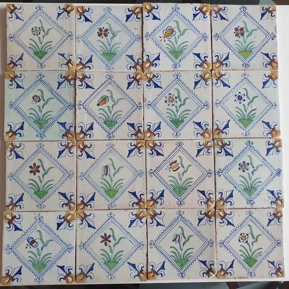 17世紀デルフトタイル｜アンティークオランダタイル、花柄（16枚