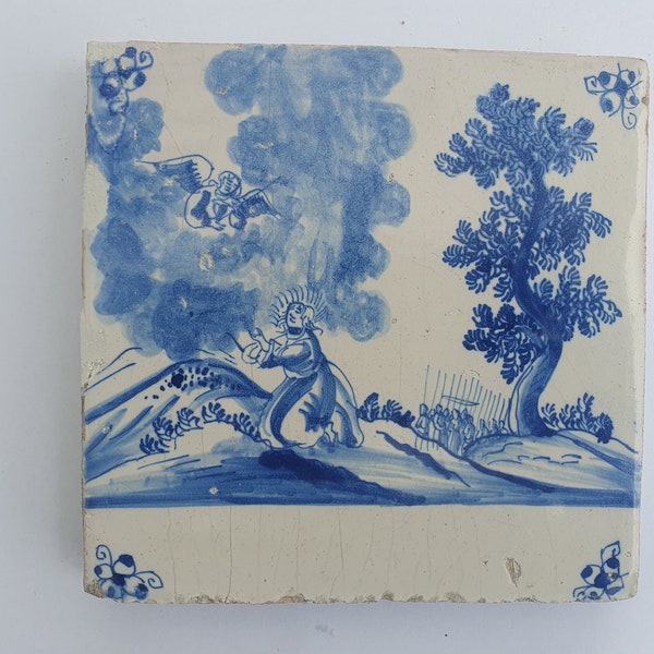 Antieke tegel met Bijbelse voorstelling   in spinnekophoek, antique dutch delft blue tile bible 17th