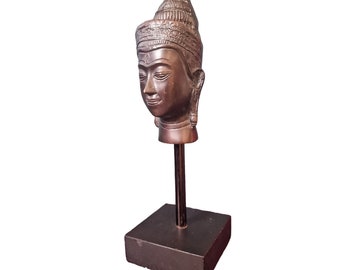 Old bronze Buddha Head on Wood Base, Antieke bust buddha vintage