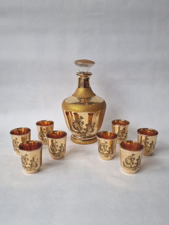 Service à liqueur gravé et doré | GSLR Antiques