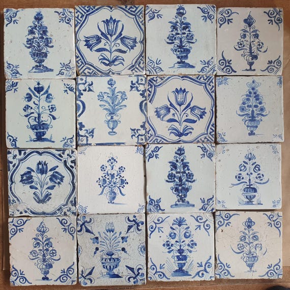 アンティークデルフトチューリップタイル、17世紀オランダタイル