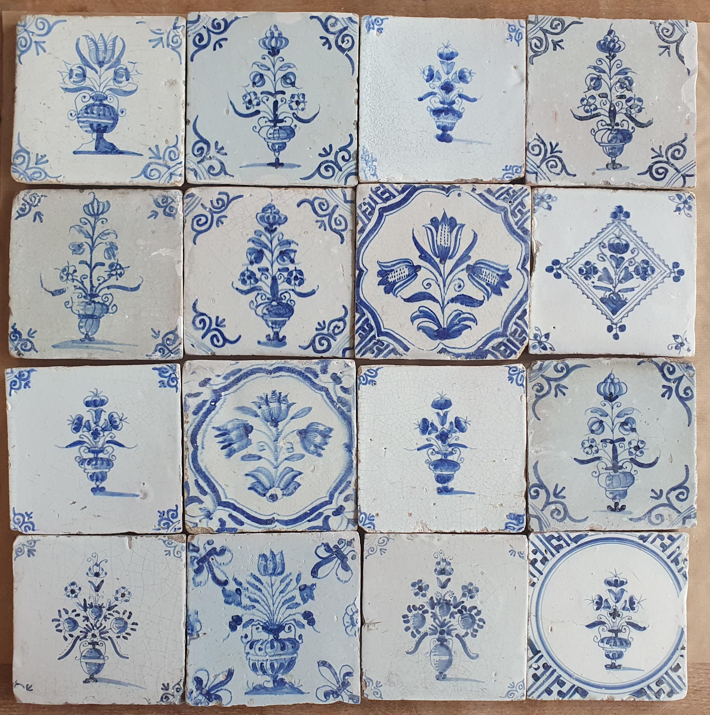 16 x フィールド オランダ 17 世紀アンティーク デルフト タイル