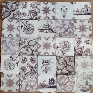 Stunning tilefield 25 x Dutch Antique Manganese Tiles 1825-1875, Backsplash, Fireplace, Table Inlay, Built-In Decoration 19th century delft