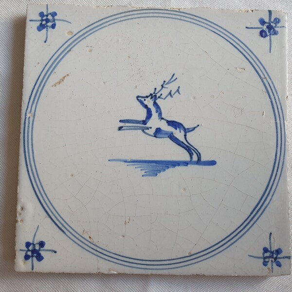 18th antique dutch delft circle tile 18th century hert blue delft tile deer TEGEL cirkeltegel