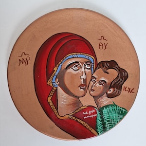 Russisch Iconic bord, Maria met Kind, gesigneerd, XL 27 cm, polychroom aardewerk vintage kunst, icon wandteller künstler signiert