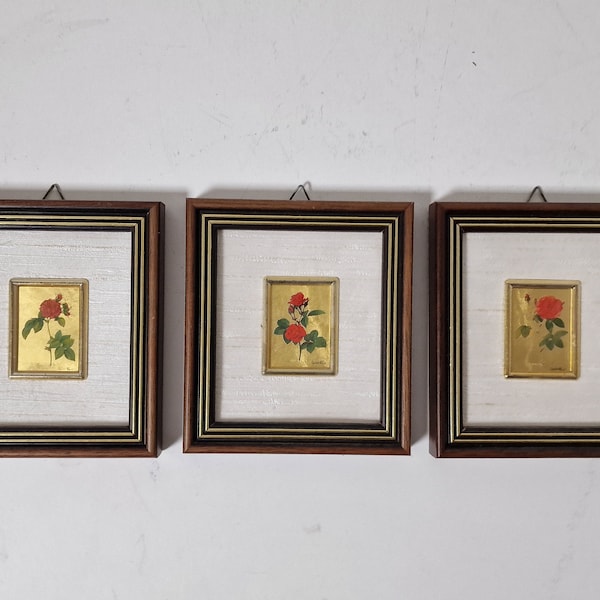 23k gold signed italian framed rose paintings handmade chromographic vintage plated