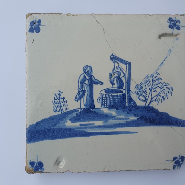 Antieke tegel met Bijbelse voorstelling   in spinnekophoek, antique dutch delft blue tile bible 17th