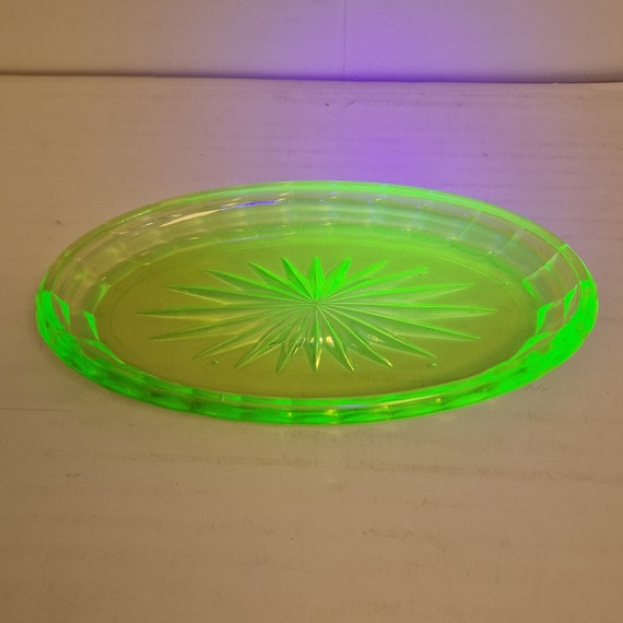 Uranium Glass Anna Green Glass Serving Tray Platter Oval Dish Etsy