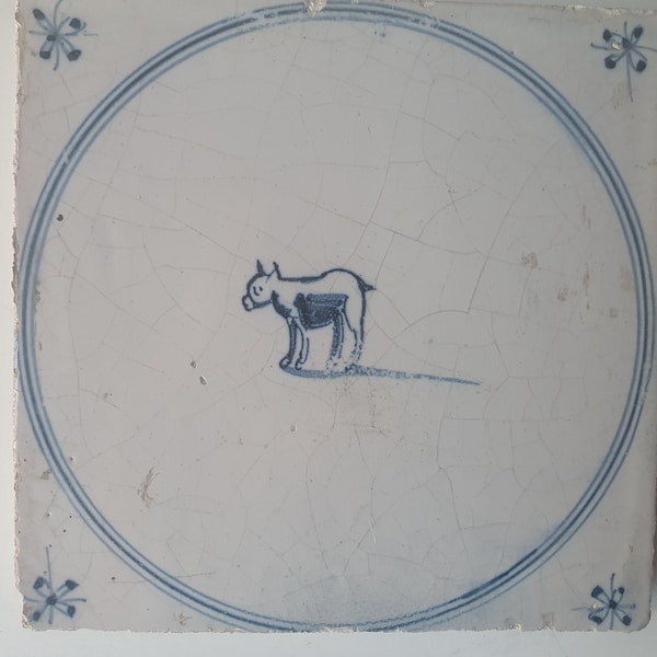 18th antique dutch delft circle tile 18th century hare blue delft tile donkey TEGEL cirkeltegel