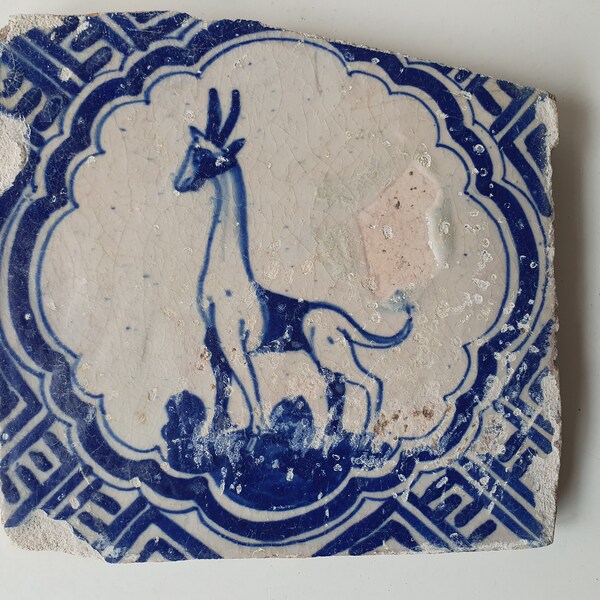 dutch delft blue tile, 17th century, wan li corner motive, good condition, giraffe