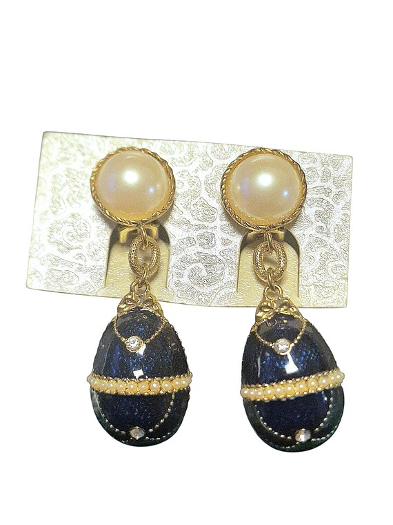 Boucle D'oreille En Forme D'oeuf émail Bleu Faberge Style Cadeau Original
