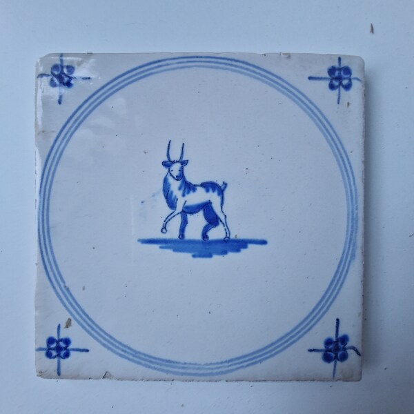 antique dutch delft circle tile goat blue delft tile  TEGEL cirkeltegel, ca 1900