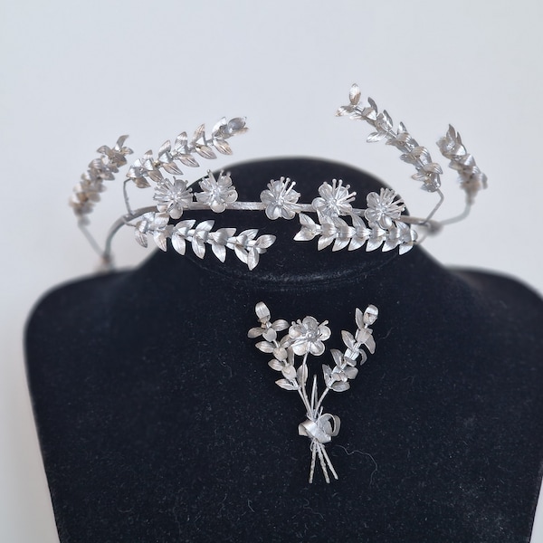 out of the Charleston Period, this Silver myrtle leaves  bridal crown and Groom corsage. antique bride hair diadeem tiara