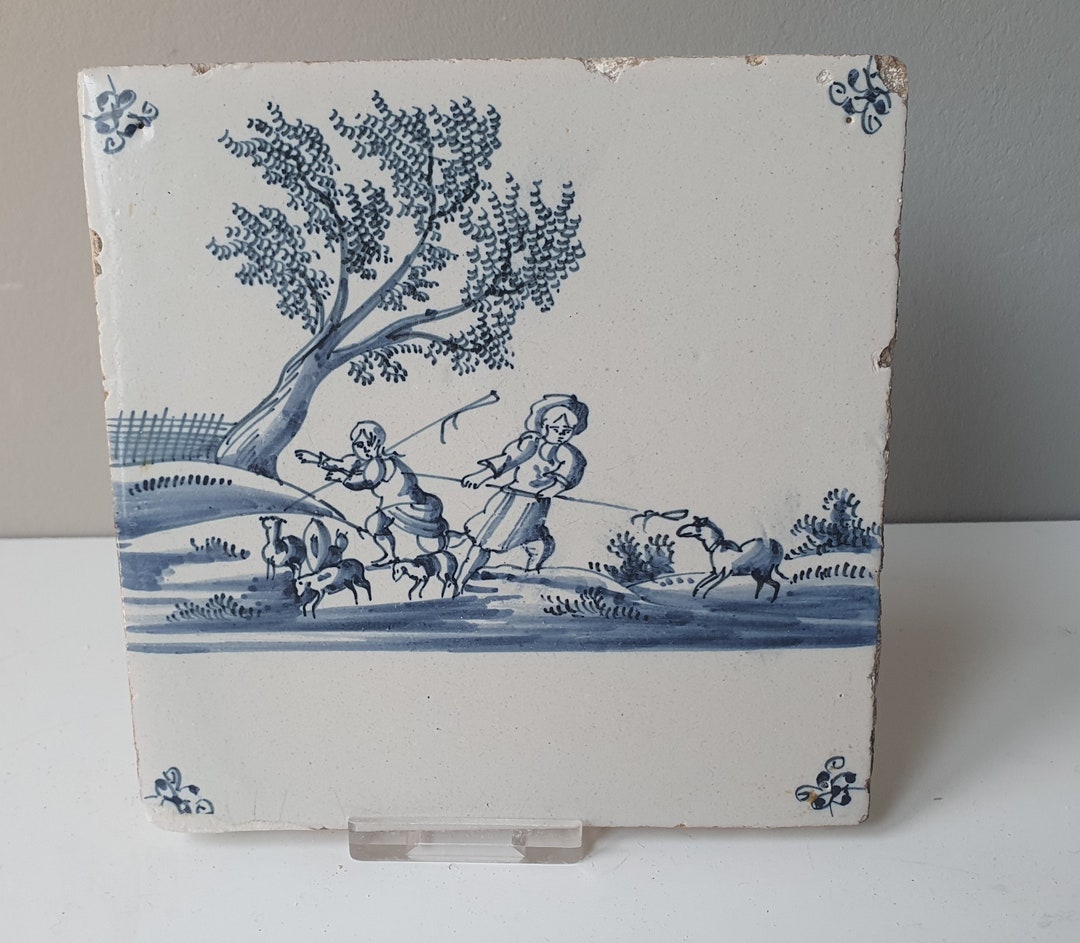 オランダタイル画 アンティークのオランダデルフトタイル、オランダの風景画、西暦1700