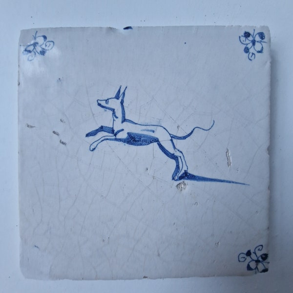 17th century Antique Dutch Tile - egel, rare! dutch delft blue with fox
