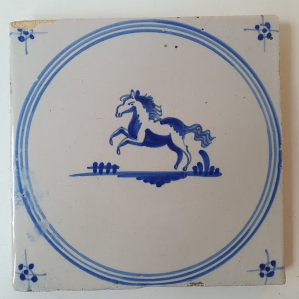 18th antique dutch delft circle tile 18th century hare blue delft tile horse TEGEL cirkeltegel