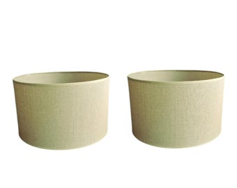 pair of large canvas Dutch design lampshades, lampenkappen maïs yellow green autumn linnen, linen structuur modern estate 35 cm lamp, nature