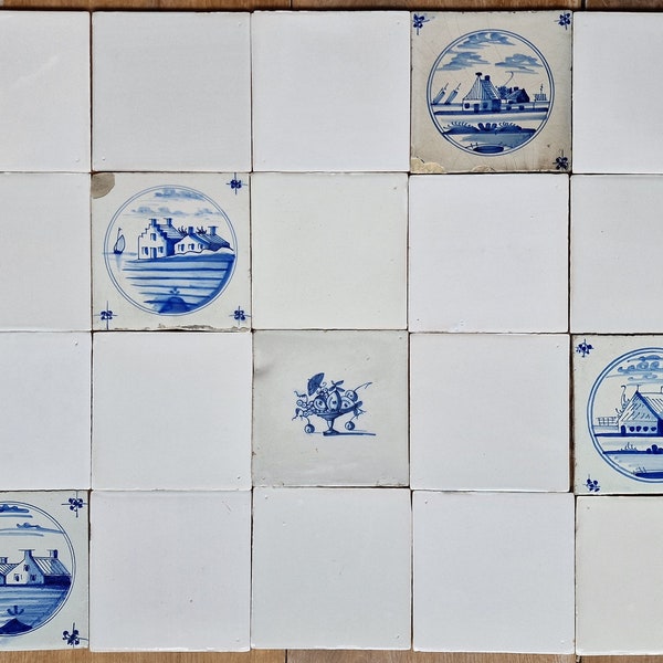 20 x handmade old Delft tiles Dutch White tilefield field 13x13 cm build-in perfect match mix with Delft 18th century, mix 15 white, 5 blue