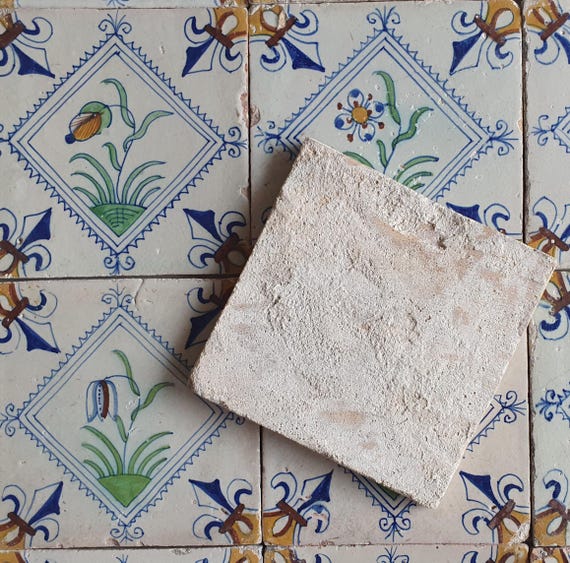 17世紀デルフトタイル｜アンティークオランダタイル、花柄（16枚