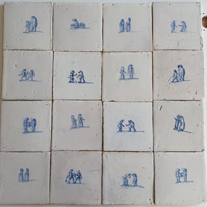 16 x dutch 17th  antique holland Delft build-in tiles tilefield field tegelveld inbouw,   13x13 cm tiles with playing kids