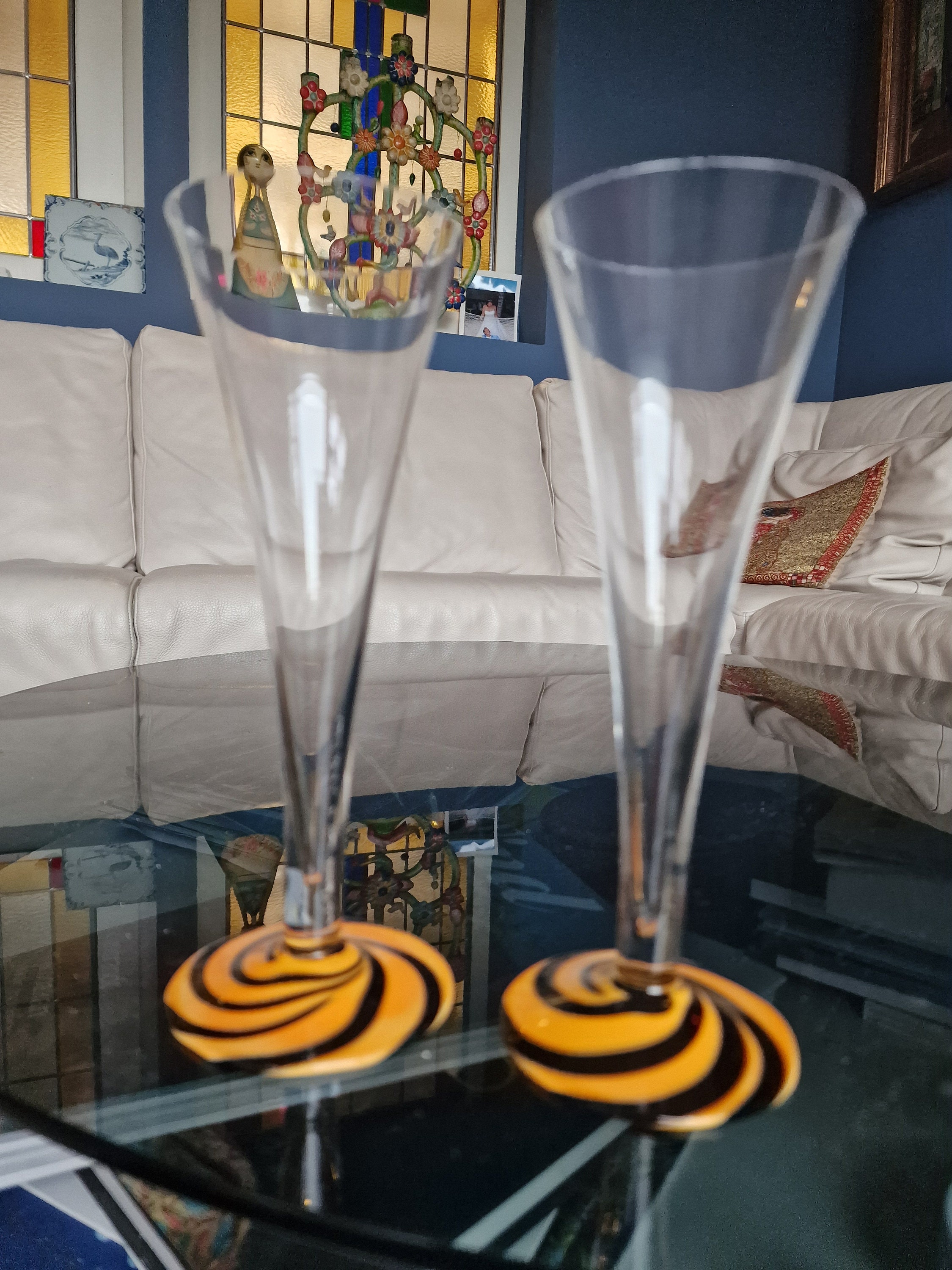 Carlo Moretti Murano Glass Champagne Flutes, Hand Engraved, Rare