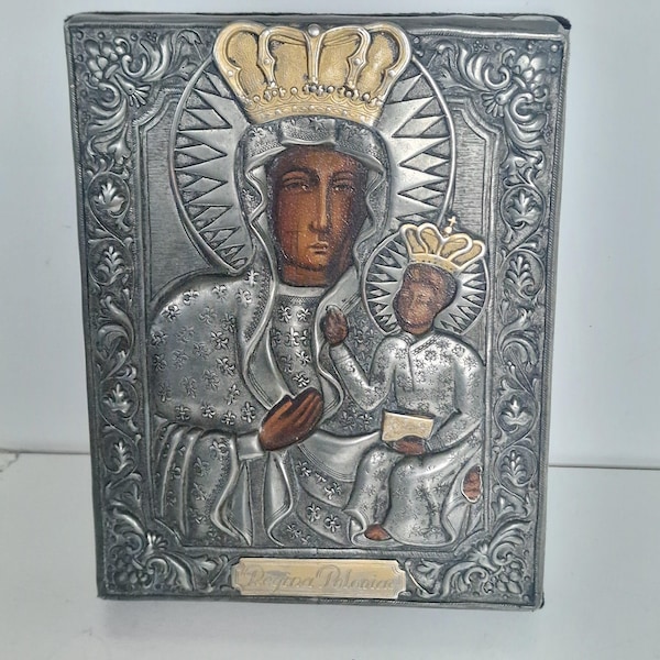 Vintage Black Madonna of Częstochowa Icon | Silver-Plated Regina Poloniae Wall Art