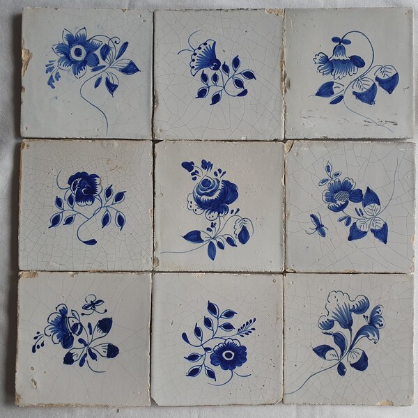 9 dutch tiles  19th  antique Delft tiles tilefield field of tiles tegelveld inbouw, 9 x 13x13 cm tiles for  build-in,