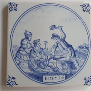Antieke tegel met Bijbelse voorstelling  ca 1970 in ossekophoek, antique dutch delft blue tile bible