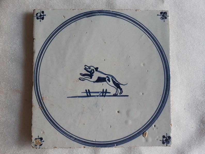 18th antique dutch delft circle tile 18th century hare blue delft tile dog TEGEL cirkeltegel image 3