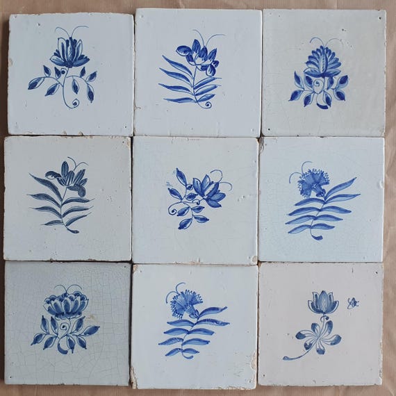9 x オランダタイル、18世紀のアンティーク - デルフトブルーの