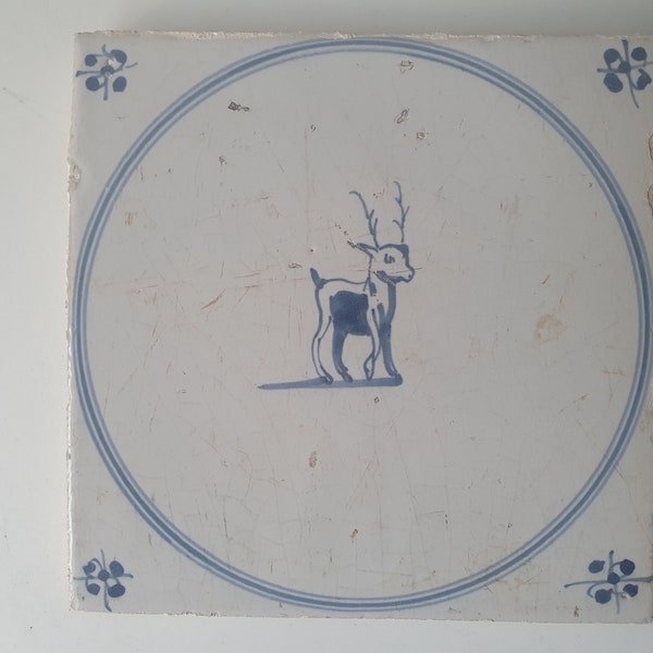18th antique dutch delft circle tile 18th century hare blue delft tile deer TEGEL cirkeltegel