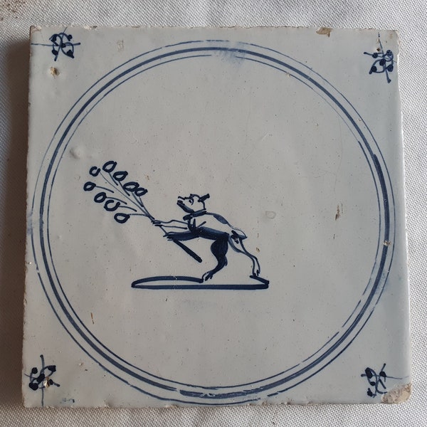 18th antique dutch delft circle tile 18th century hare blue delft tile monkey with bush  rare TEGEL cirkeltegel