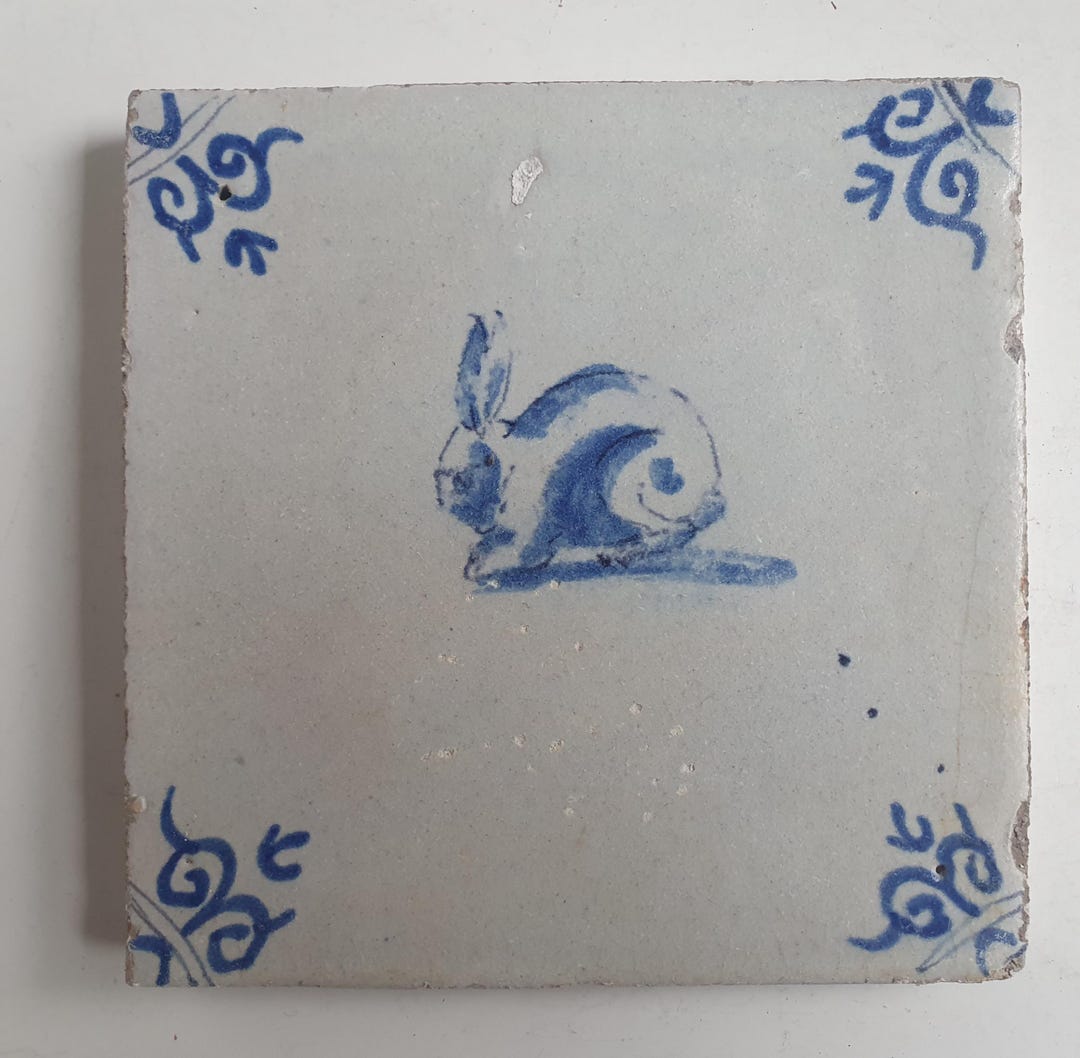 17th Century Antique Dutch Tile Animal Rabbit Oxhead Motive Delft Blue ...