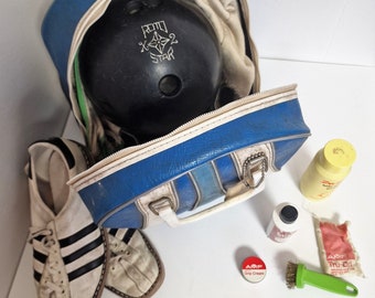 Sac de bowling des années 70 complet, inc Sac de chaussures de bowling Adidas : Brunswick, Wind Jammer Boule de bowling vintage branché 1970'S roto star X2 Hard RUBBER