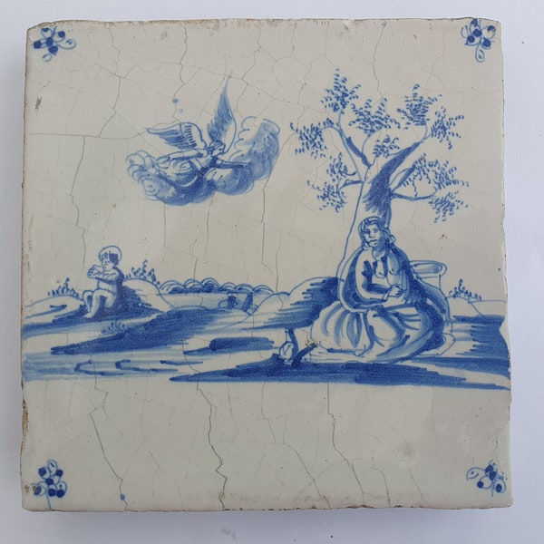 Antieke tegel met Bijbelse voorstelling   in spinnekophoek, antique dutch delft blue tile bible 17th