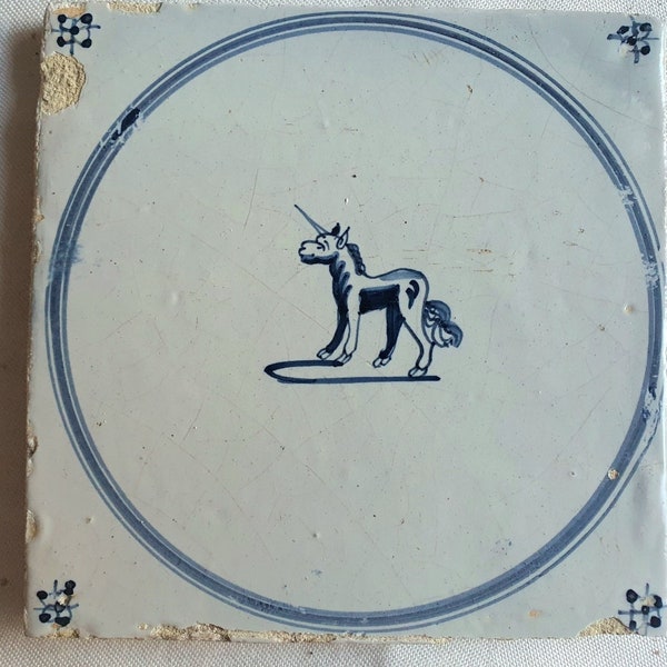 18th antique dutch delft circle tile 18th century eenhoorn blue delft tile unicorn TEGEL cirkeltegel