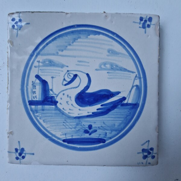 18th antique dutch delft circle tile 18th century swan blue delft tile