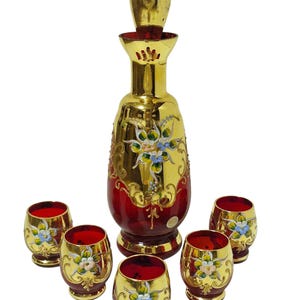 Hand painted ruby red and gold venetian murano decanter set - Etsy